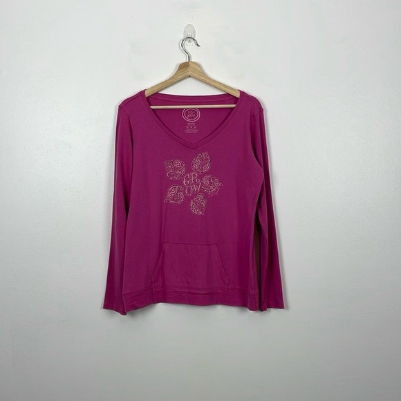 Life Is Good Long Sleeve V Neck Womens M Pullover Hot Pink Kangaroo Pocket Top - Picture 1 of 8